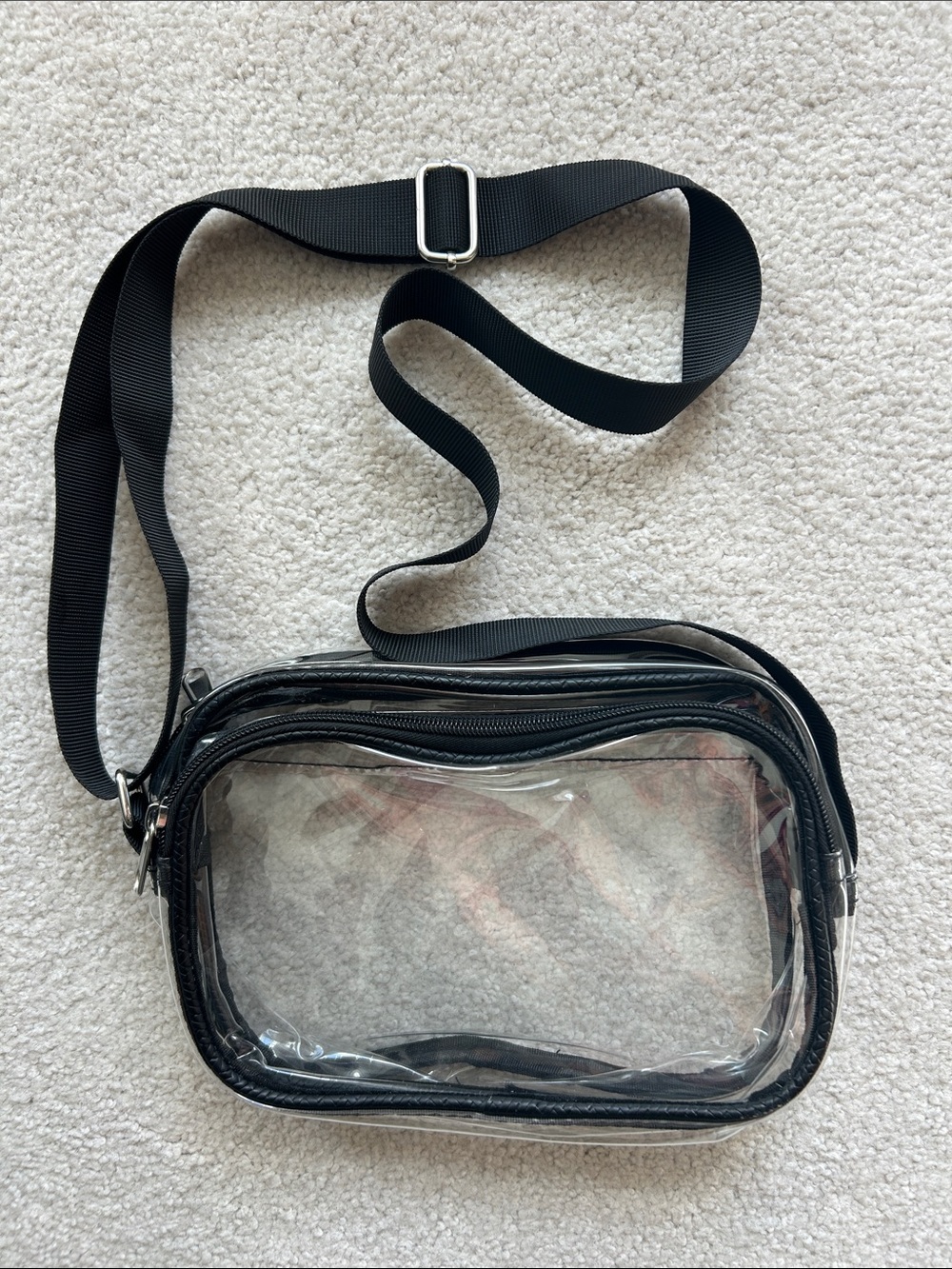 Clear Crossbody Belt Bag with Black Trim and Adjustable Webbing Strap
